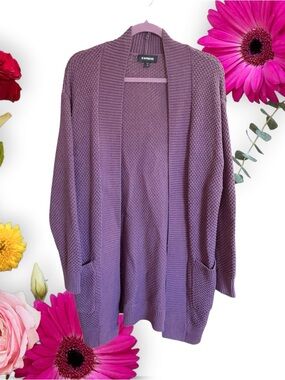 Express Women's Mauve Purple Open-Front Knit Cardigan Sweater With Pockets